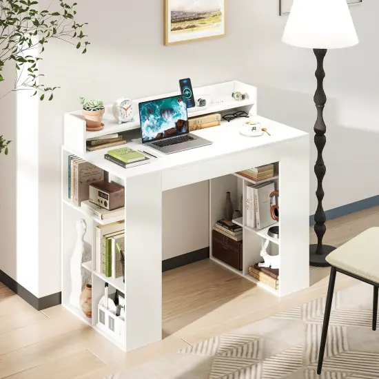 Costway 43" Home Office Desk with Power Outlets Monitor Shelf Bookshelf & Cable Hole {2}