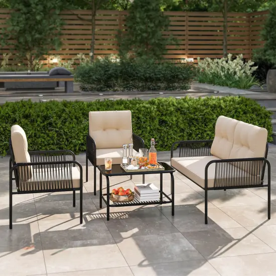 Costway 4 PCS Patio Furniture Set with Loveseat Tempered Glass Coffee Table & Soft Cushions {5}