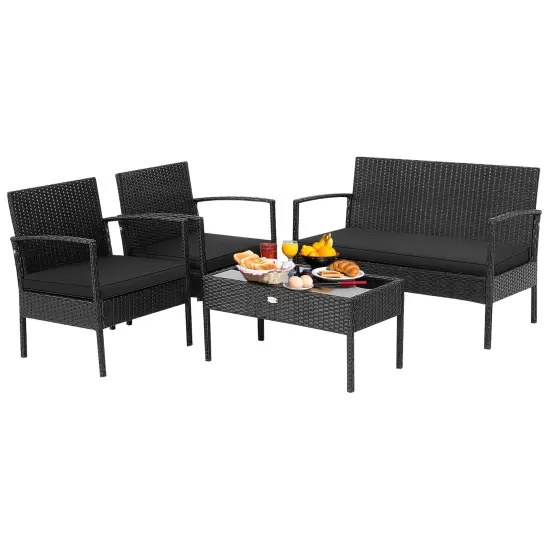 Costway 4 PCS Patio Rattan Furniture Set Cushioned Sofa Armrest Garden Black {2}