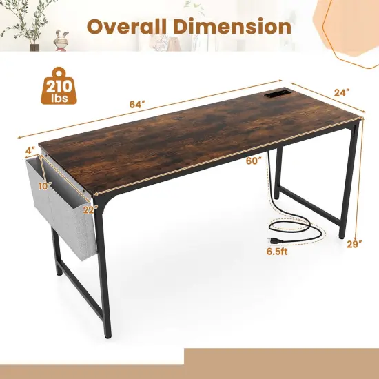 Costway 60" Modern Computer Desk with Charging Station with Storage Bag & Headphone Hook Borwn {3}