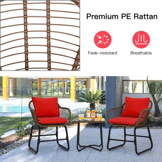 Costway 3PCS Patio Rattan Bistro Set Cushioned Chair Glass Table Deck White\Turquoise {5}