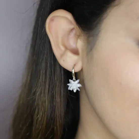 Dangle Earrings for Women - Small Flower Earring with White Crystal Teardrop Leverback Dangle Earrings Trendy Bollywood Style Upscale Dangly Earrings - Birthday Gift for Her Rodium {2}