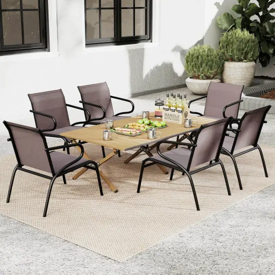 Costway Patio Chairs Set of 2/4/6 with Breathable Fabric & Metal Frame Armrests for Poolside Brown/Gay {4}