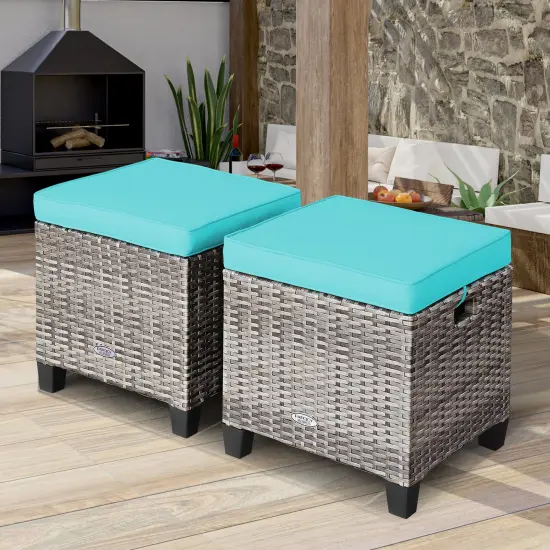 Costway 2PCS Patio Rattan Cushioned Ottoman SeatFoot Rest Table {9}
