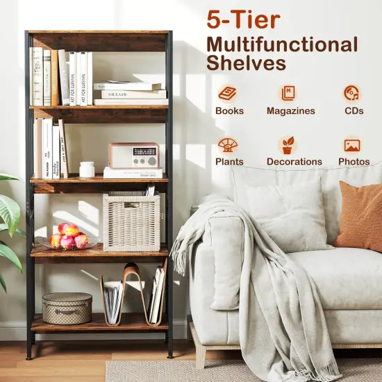 Costway 1/2 PCS 5 Tier Bookshelf 62" Tall Bookcase with Tiltable Shelves Display Storage Rack {6}