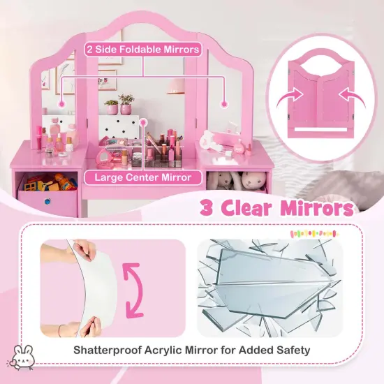 Costway Kids Vanity Table & Chair Set 2-in-1 Princess Pretend Play Makeup Vanity Set Pink/White {5}