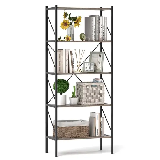 Costway 1/2 PCS 5-Tier Bookshelf, Industrial Tall Bookcase with Open Storage Shelves & Metal Frame Oak {7}