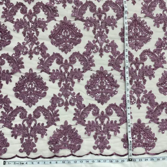 1 Yard Elegant Beaded Lace Fabric Embroidered on 100% Polyester Net Mesh for Special Occasions 56" Width Dusty Rose {2}