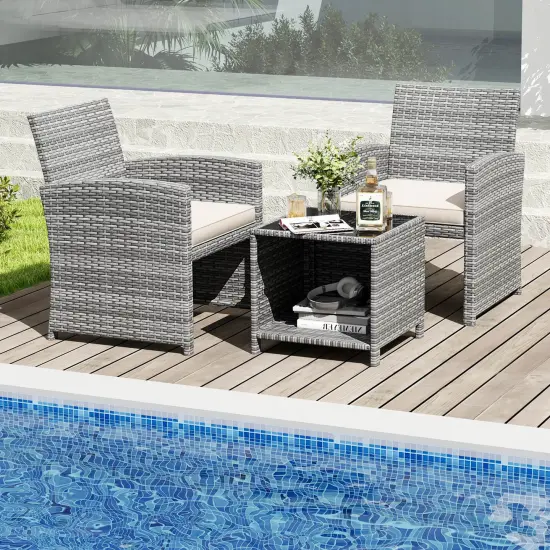 Costway 3 PCS Patio Furniture Set with Tempered Glass Coffee Table & Soft Seat Cushions Gray/Black/White {5}