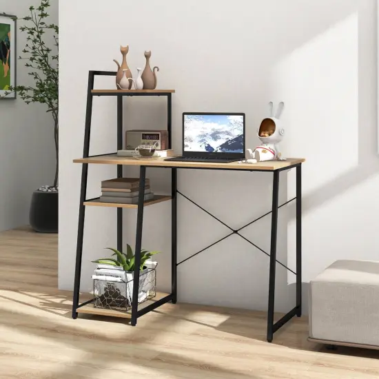 Costway Home Office Desk with Bookshelf Host Stand Metal Frame Study Writing Desk {5}