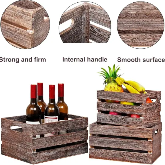 Decorative Wood Crates Nesting Crates Wooden Storage Container for Display,Rustic Handmade for Storage with Handles,Farmhouse Wood Basket for Party,Office,Bedroom,Kitchen,Decor Boxes-Brown Set of 3 {4}