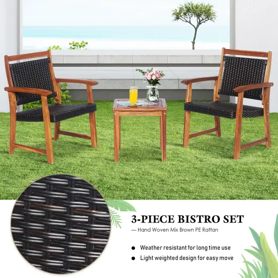 Costway 3PCS Patio Rattan Bistro Set Acacia Wood Frame Armrest Chairs Garden {5}