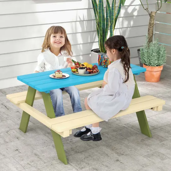 Costway Kids Wooden Picnic Table Set Solid Dining Table with Built-in Benches for Patio {4}