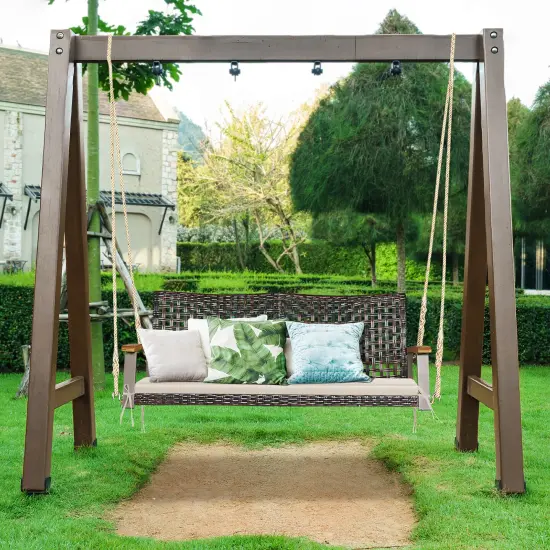 Costway 2-Person Patio Rattan Hanging Swing Chair Porch Loveseat Cushion Off {9}
