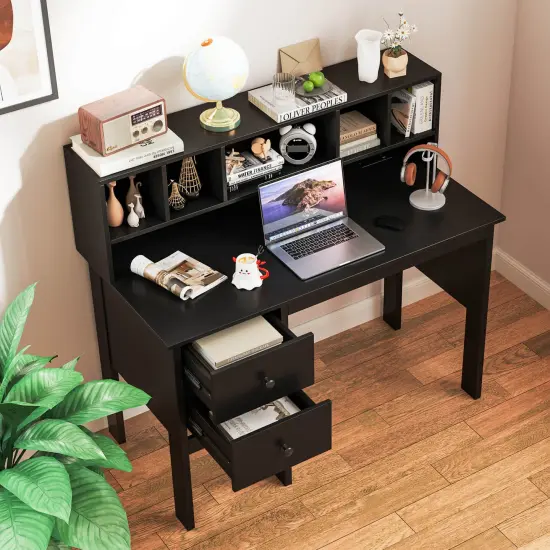 Costway 48" Computer Desk with Power Outlets Type-C 5-Cubby Hutch & 2 Storage Drawers Black/White {2}