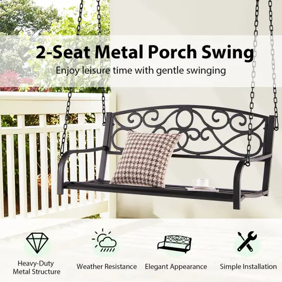 Costway Outdoor 2-Person Metal Porch Swing Hanging Patio Bench 485 Lbs Capacity Black\Brown {6}
