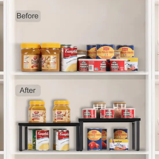 4pcs Kitchen Counter Shelves Stackable Shelf Organizer Wood Countertop Shelf Expandable Cabinet Shelf Organizers Countertop Storage Rack for Pantry, Industrial Black {4}