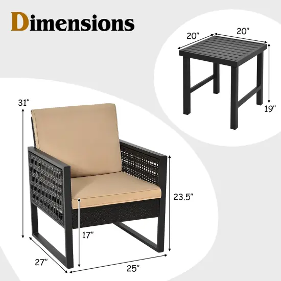 Costway 3PCS Patio Rattan Bistro Furniture Set Cushioned Sofa Chair Coffee Table Garden {4}