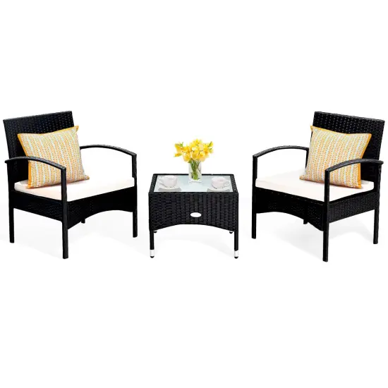 Costway 3 PCS Furniture Set Table & 2 Chair Patio Wicker Rattan W/Cushion {2}