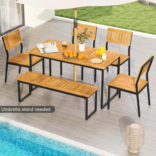 Costway 6 PCS Outdoor Acacia Wood Dining Set with Bench and 2" Umbrella Hole Outdoor Patio {6}