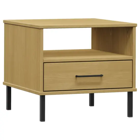 vidaXL Bedside Table with Metal Legs Brown Solid Wood Pine OSLO {2}