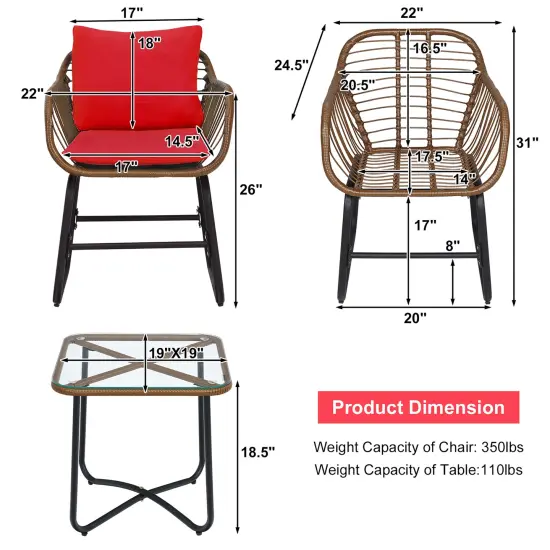Costway 3PCS Patio Rattan Bistro Set Cushioned Chair Glass Table Deck White\Turquoise {3}