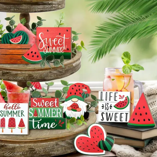 Summer Tiered Tabletop Decor, Farmhouse Watermelon Tray Decorations, Hello Summer Sweet Watermelon Gnome Wooden Signs, Rustic Summer Home Decor for Table Mantel Office Holiday Party {3}