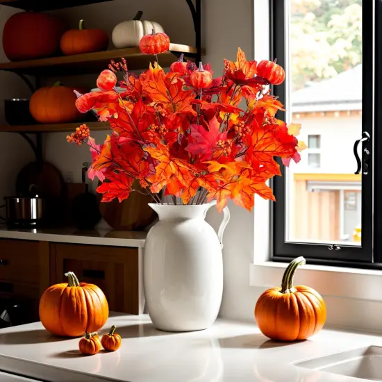 2 PCS Fall Artificial Maple Leaves Branches with Pumpkins {4}