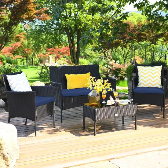 Costway 4PCS Patio Wicker Furniture Set Coffee Table Cushions w/ Cover {4}