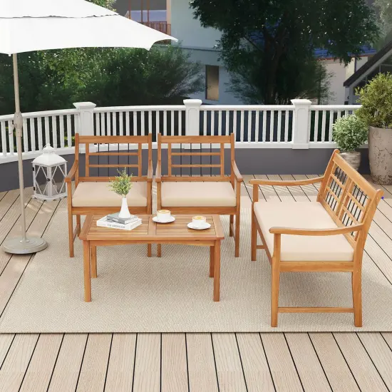 Costway 4 PCS Wood Patio Furniture Set with Soft Seat Cushions Solid Acacia Wood Frame Off White/Gray {5}