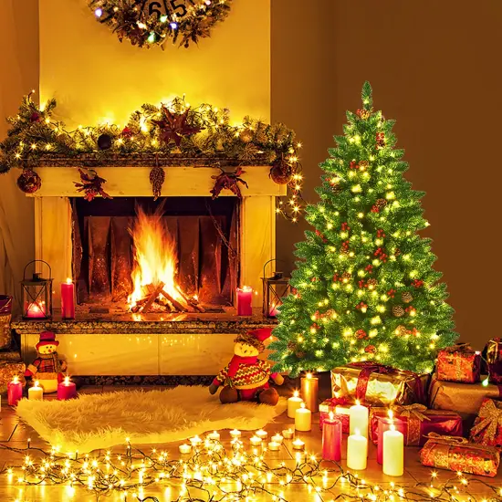 Costway 4.5Ft Pre-lit Hinged Christmas Tree w/ Pine Cones Red Berries and 300 LED Lights {2}