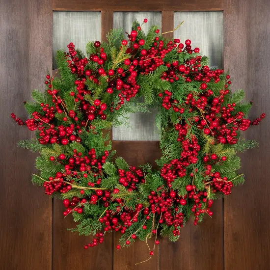 Northlight Cedar, Pine and Red Berries Artificial Christmas Wreath - 28" - Unlit Green {4}