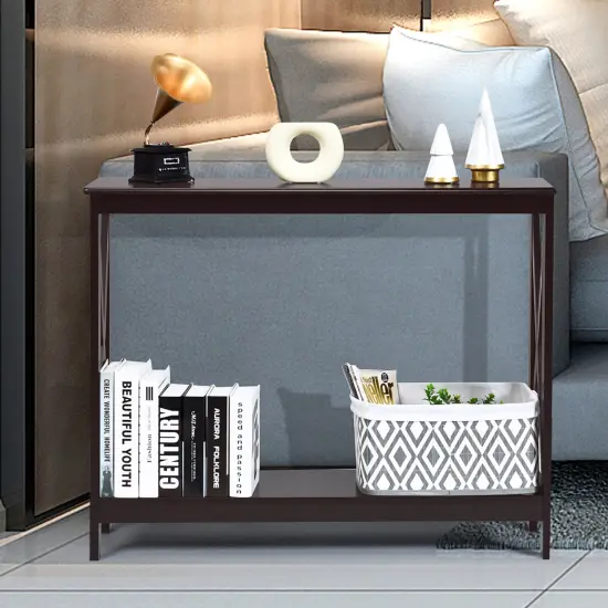 Costway 2-Tier Console Table x-Design Bookshelf Sofa Side Accent Table w/Shelf White\ Black\Espresso\Wood Grain {4}