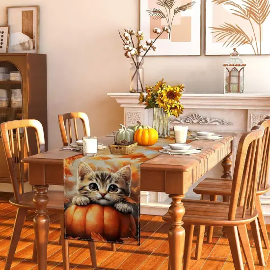 Pumpkin Cat Fall Table Runner,Maple Leaves Autumn Thanksgiving-13&times;72'' {3}