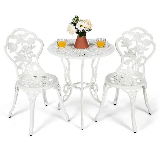 Costway 3PCS Cast Aluminum Patio Bistro Furniture Set Rose Design Outdoor White {2}