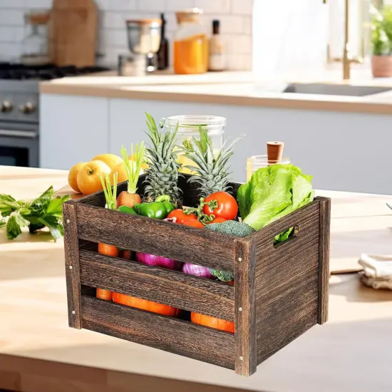 Farmhouse Wooden Crates - Large Solid Wood Crates with Handles for Storage and Display, 2 Pack Brown {4}