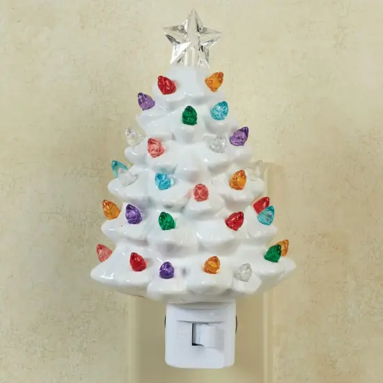 Roman Christmas Tree Nightlight, Plug In Nostalgic Ceramic Tree Night Light with Star and Colorful Illuminated Xmas Lights, White Tree {3}
