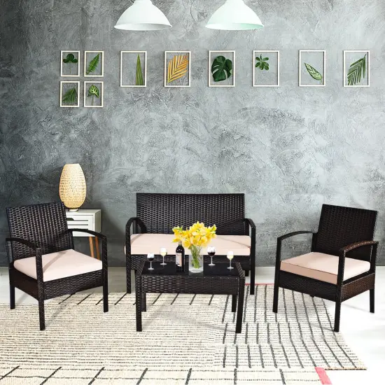 Costway 4PCS Patio Rattan Conversation Furniture Set Cushioned Seat Glass Table {1}