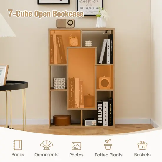 Costway 2 PCS 7-Cube Geometric Bookshelf with Anti-Toppling Device Modern Open Bookcase White/Grey/Natural {5}