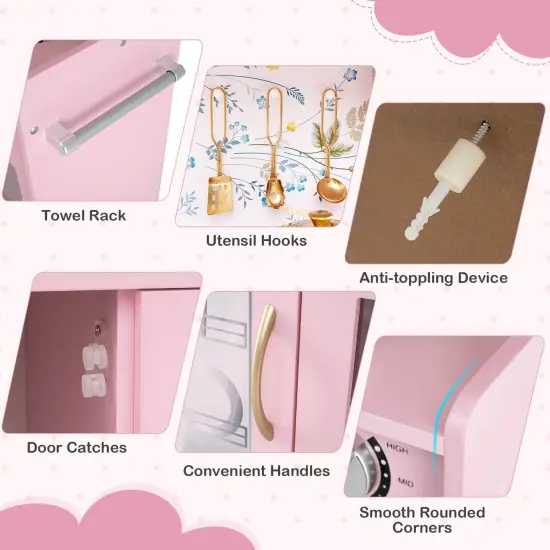 Costway Kid's Pretend Play Kitchen Toddler Kitchen Playset with Blackboard Pink/White/Light Pink/Beige {5}