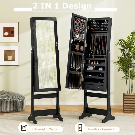 Lockable Freestanding Jewelry Cabinet Armoire with Full-Length Mirror and Lights Black {6}