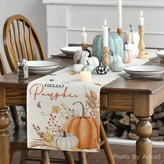 Hello Pumpkin Flowers Leaves Thanksgiving Table Runner, 13 x 72 Inch {3}