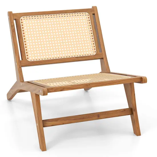 Costway 1/2 PCS Mid Century Modern Teak Wooden Chair with Handwoven Rattan Seat & Backrest {1}