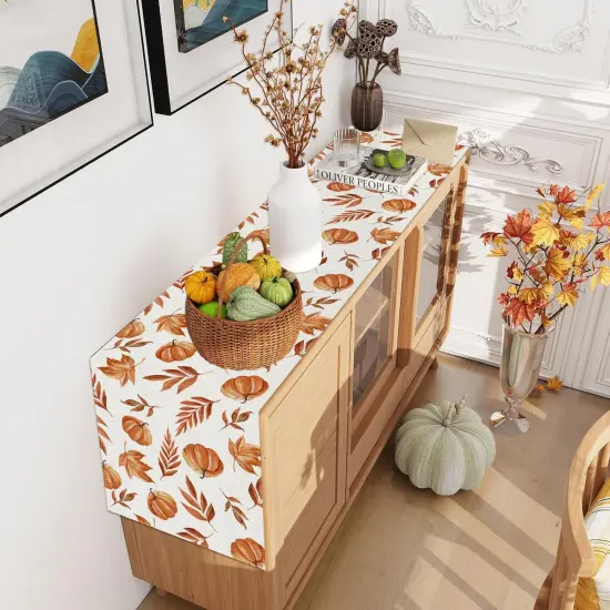 Linen Fall Table Runner 72 Inches Long Fall Leaves Pumpkin {5}