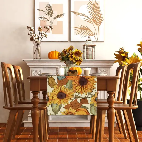 Linen Watercolor Pumpkin Sunflower Fall Table Runner -13&times;72'' {3}