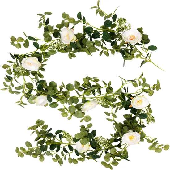 Eucalyptus Garland with Camellias Flowers, 6 FT Artificial White Flower Garland Floral Vines 1 Piece Eucalyptus Leaves Vines for Wedding Party Decor {1}