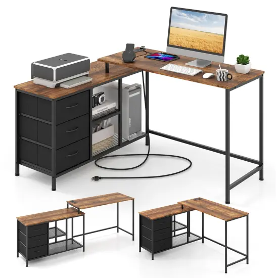 Costway L-shaped Computer Desk with Power Outlet, Drawers, Metal Mesh Shelves Rustic Brown/Black/White {7}