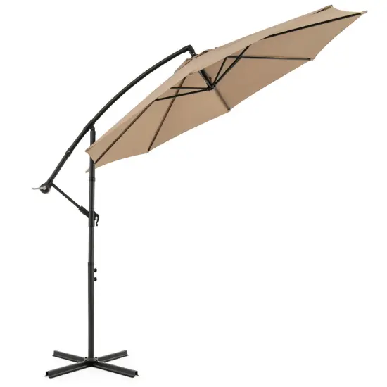 Costway 10' Hanging Umbrella Patio Sun Shade Offset Garden Market W/ T Cross Base Tan {1}