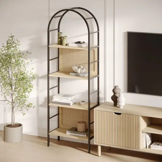 4 Tiered Arched Bookshelf with Natural Rattan Backing - Modern Home Decor - Boho Rattan Arch Bookcase - Wooden Open Arched Cabinet with Shelves - Metal and Wood Bookshelf (Light Oak) {5}