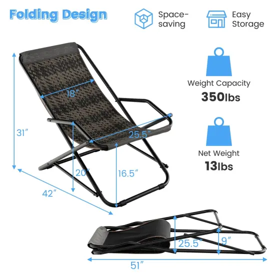 Costway Patio Folding Rattan Sling Chair Rocking Lounge Chaise Armrest Garden Portable {3}